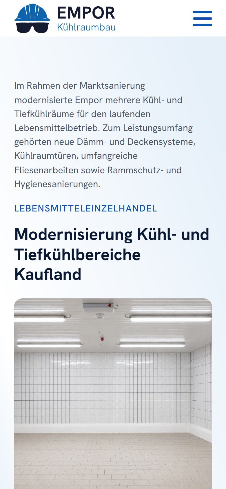 Website von Empor Kältetechnik – Handyansicht: Modernisierung Kühl- und Tiefkühlbereiche Kaufland – E