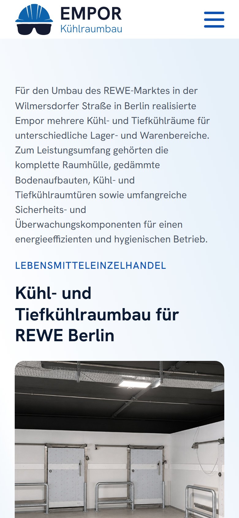 Website von Empor Kältetechnik – Handyansicht: Kühl- und Tiefkühlraumbau für REWE Berlin – Empor Kält
