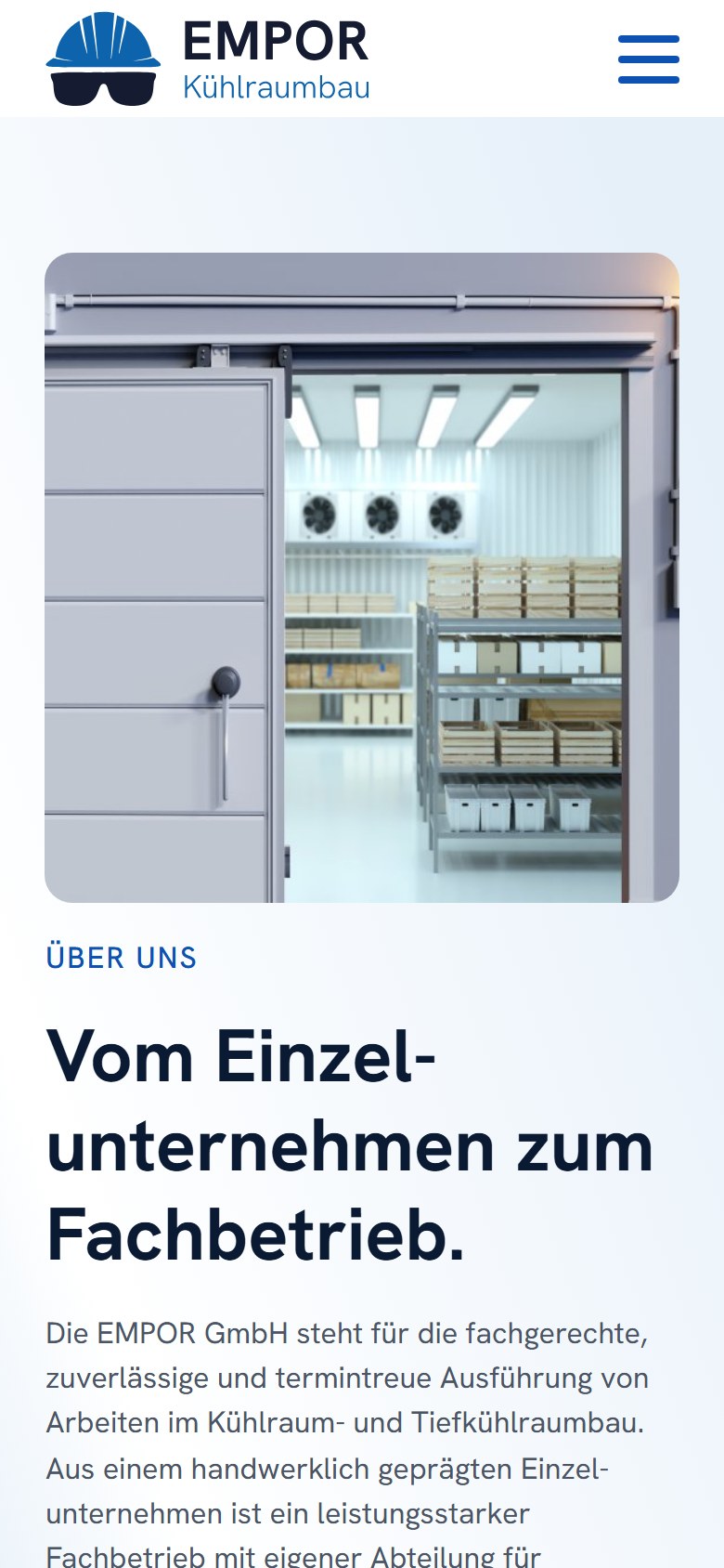 Website von Empor Kältetechnik – Handyansicht: Über Uns – Empor Kältetechnik – Kühlraumbaum, Kü
