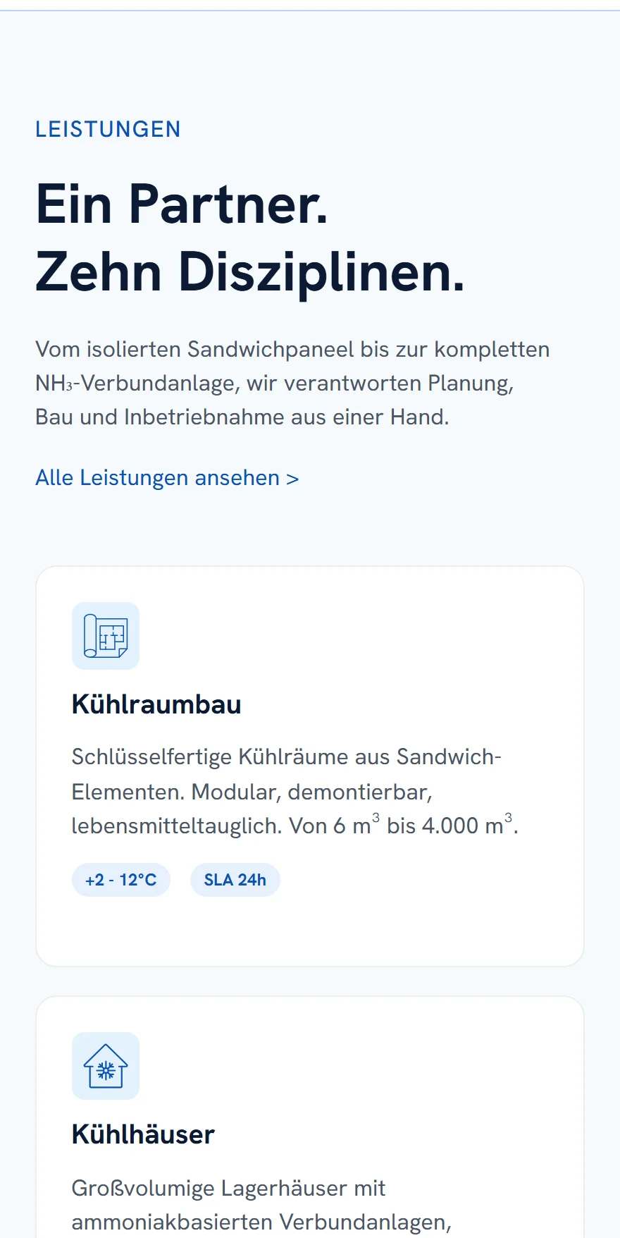 Website von Empor Kältetechnik – Handyansicht: LEISTUNGEN