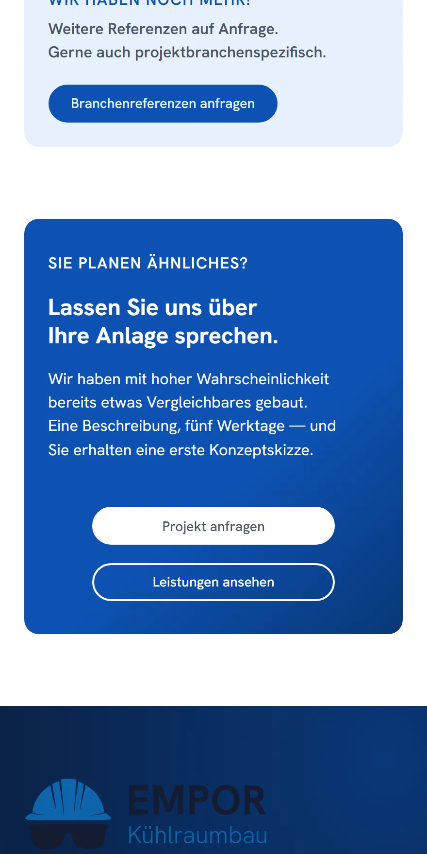 Website von Empor Kältetechnik – Handyansicht: Lassen Sie uns über Ihre Anlage sprechen.