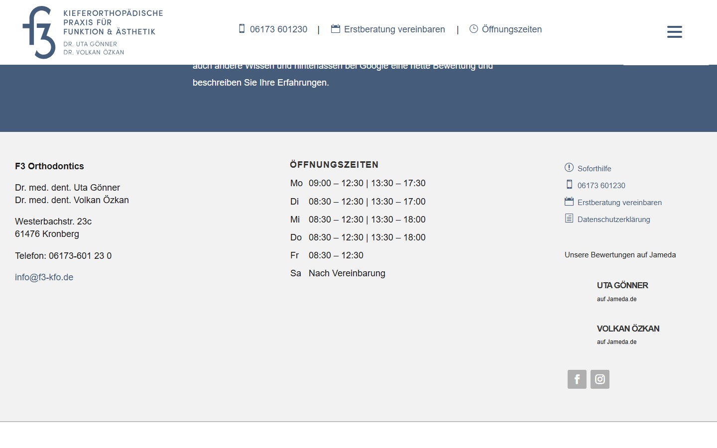 Website von F3 Orthodontics – Desktopansicht: Team