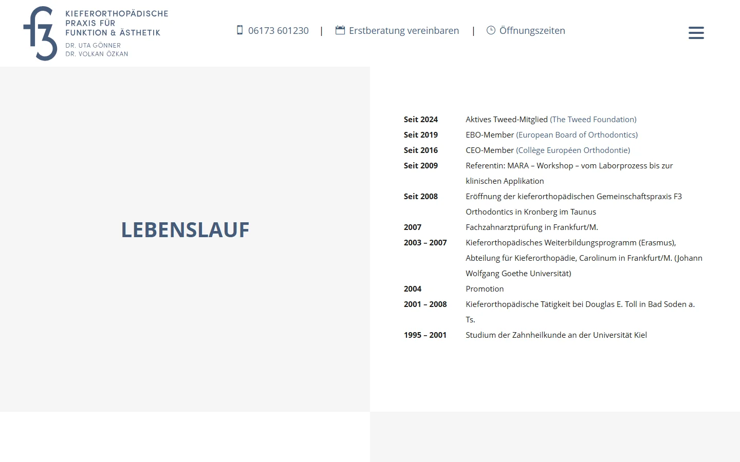 Website von F3 Orthodontics – Desktopansicht: Lebenslauf