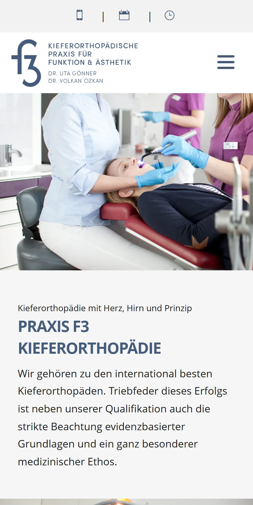 Website von F3 Orthodontics – Handyansicht: PRAXIS F3 KIEFERORTHOPÄDIE
