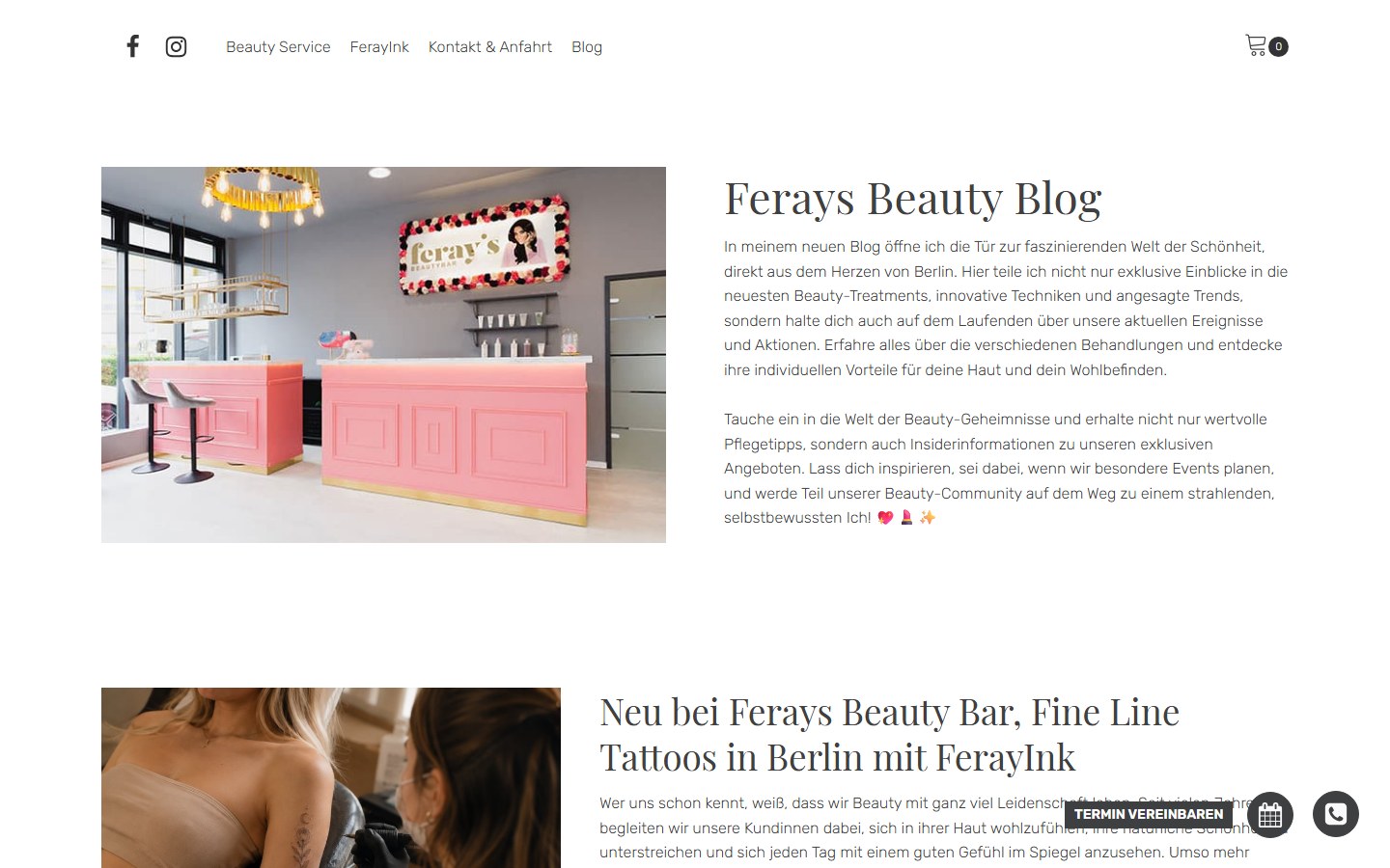 Website von Ferays Beauty Bar – Desktopansicht: Blog