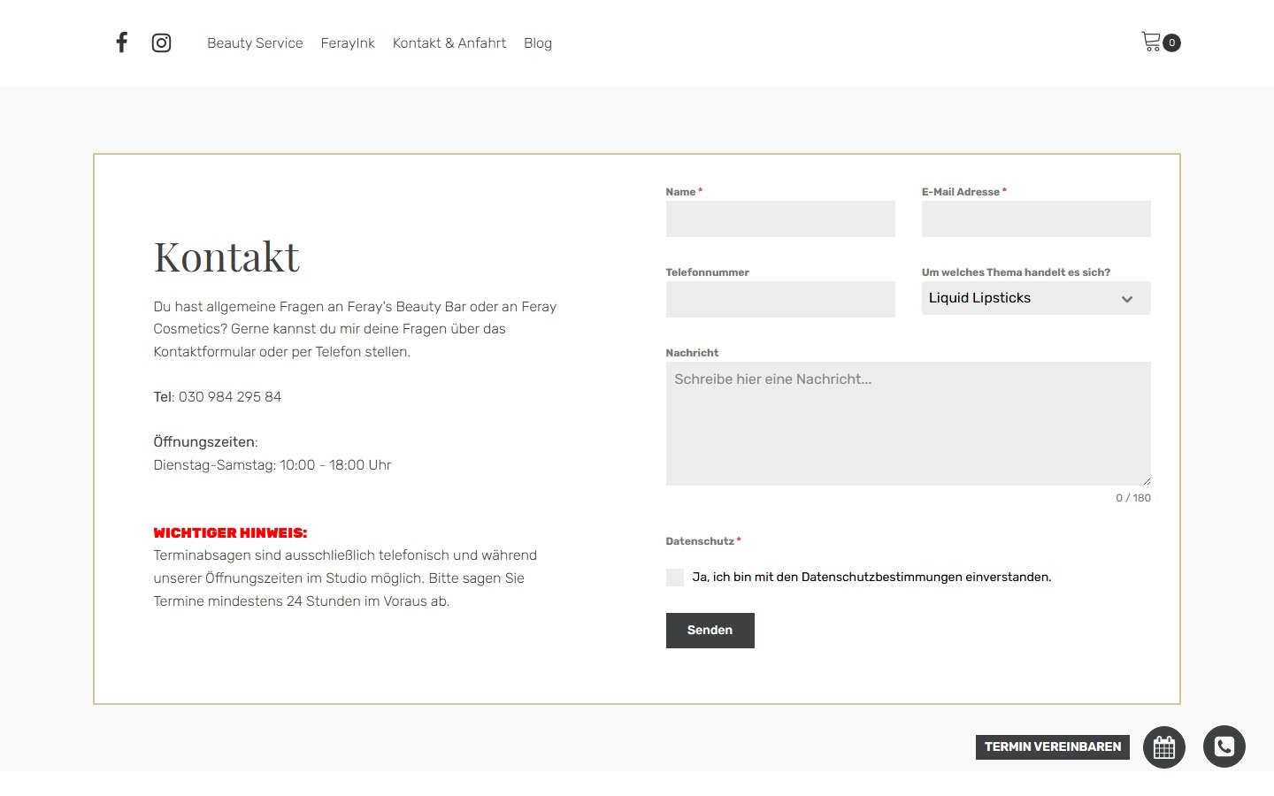 Website von Ferays Beauty Bar – Desktopansicht: Kontakt