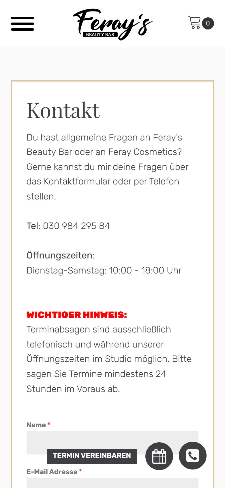 Website von Ferays Beauty Bar – Handyansicht: Kontakt