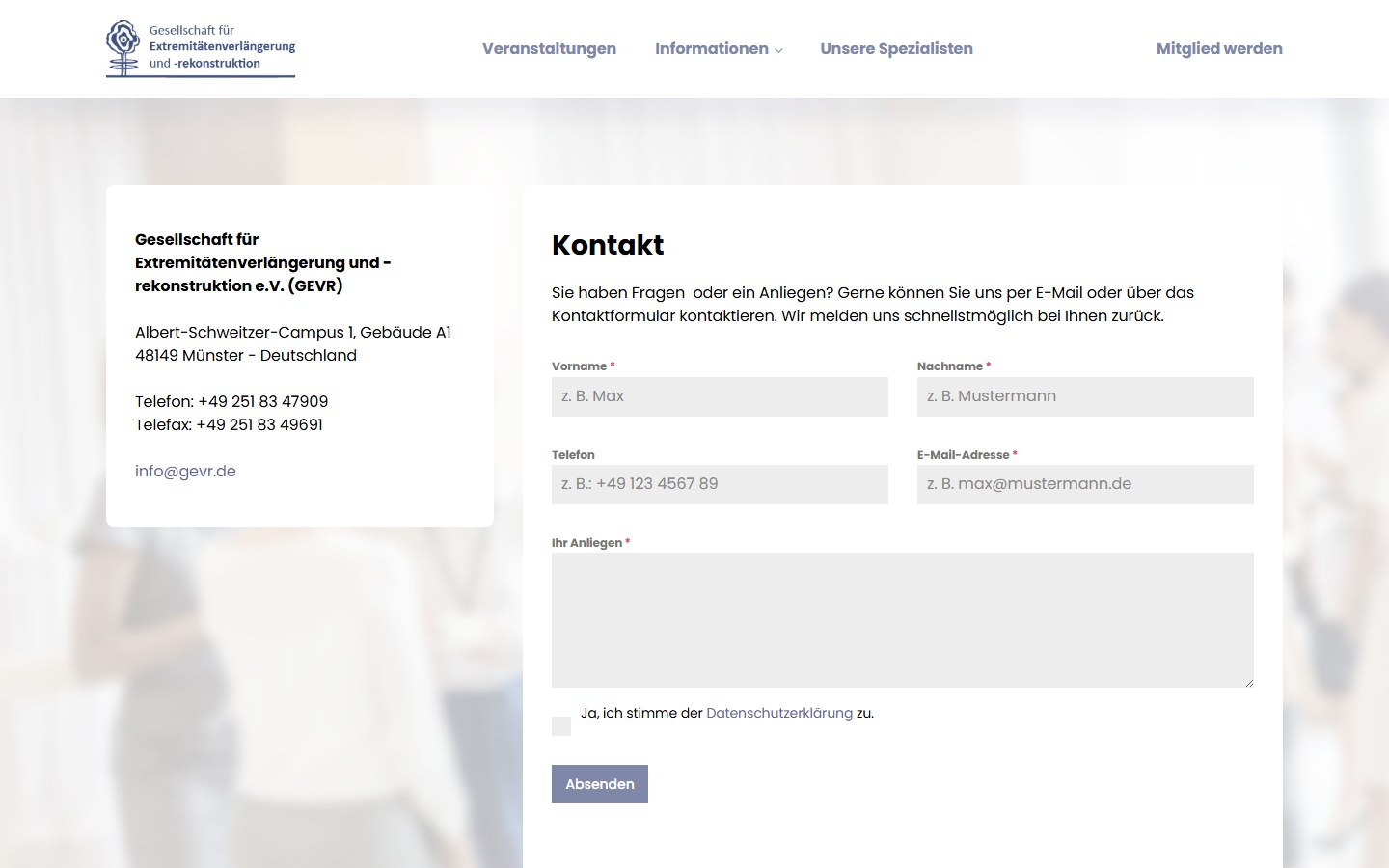 Website von GEVR e.V. – Desktopansicht: Kontakt