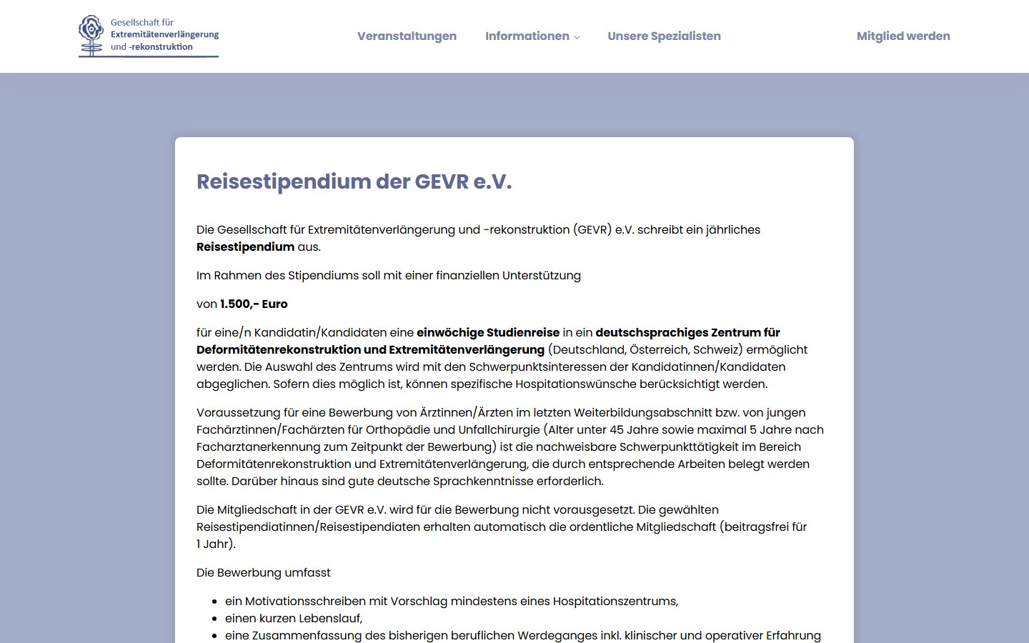 Website von GEVR e.V. – Desktopansicht: Reisestipendium der GEVR