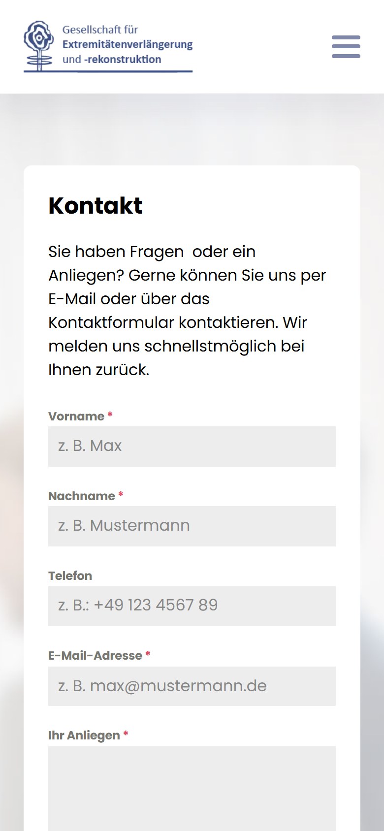 Website von GEVR e.V. – Handyansicht: Kontakt