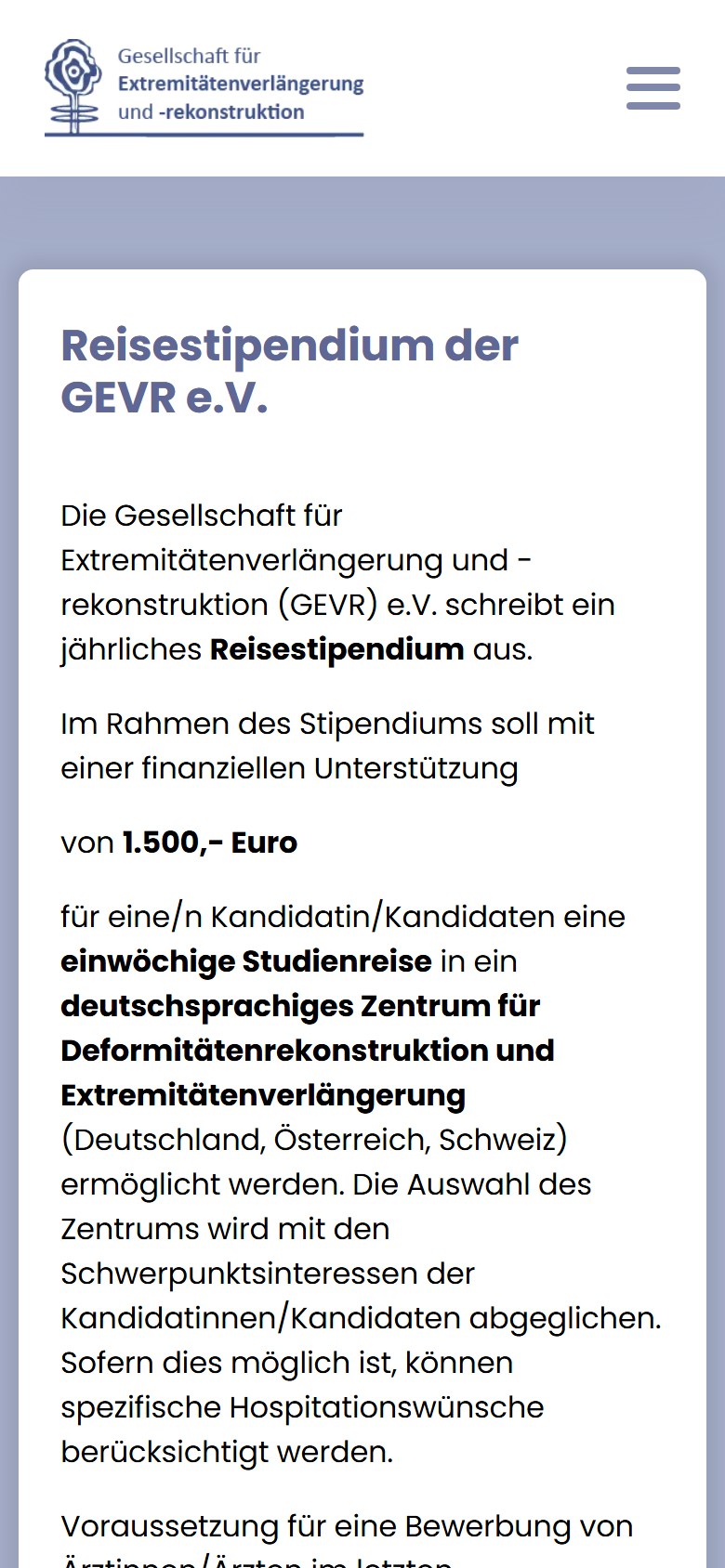 Website von GEVR e.V. – Handyansicht: Reisestipendium der GEVR