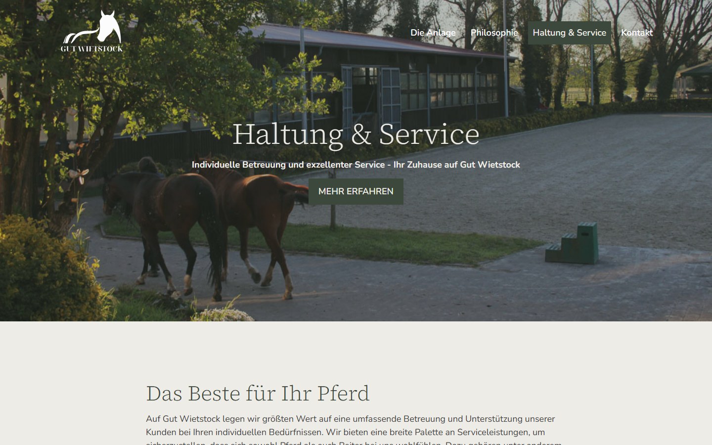 Website von Gut Wietstock Reitanlage – Desktopansicht: Haltung & Service