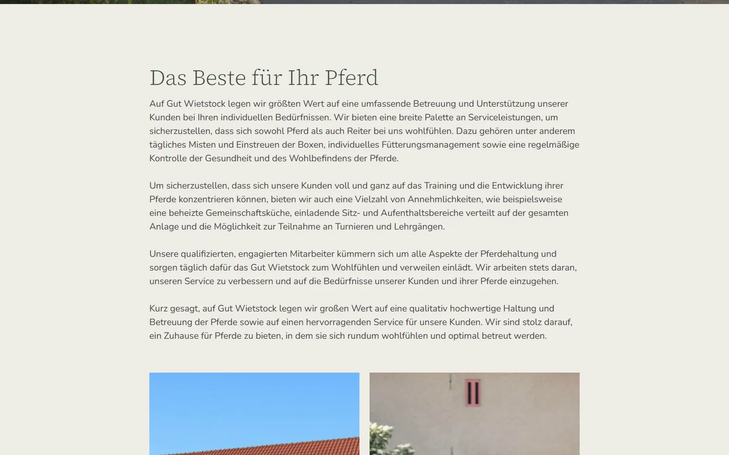 Website von Gut Wietstock Reitanlage – Desktopansicht: Das Beste für Ihr Pferd