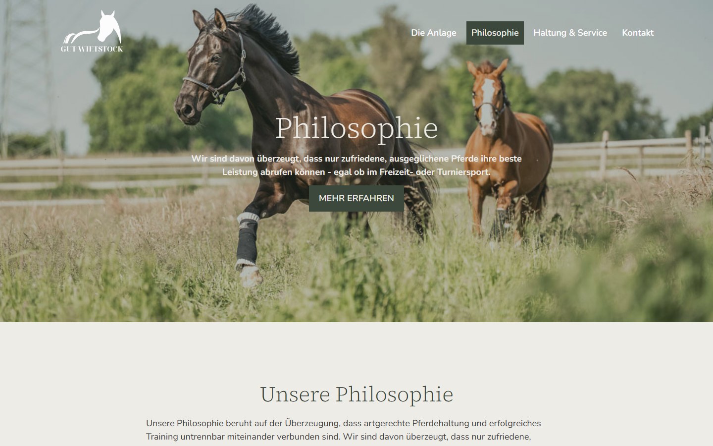 Website von Gut Wietstock Reitanlage – Desktopansicht: Philosophie