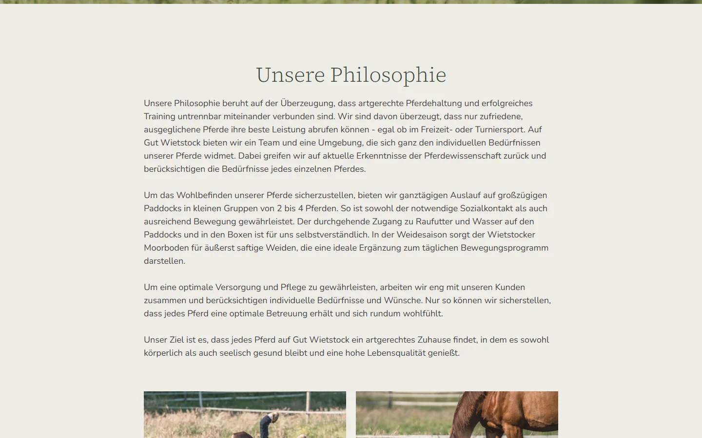 Website von Gut Wietstock Reitanlage – Desktopansicht: Unsere Philosophie
