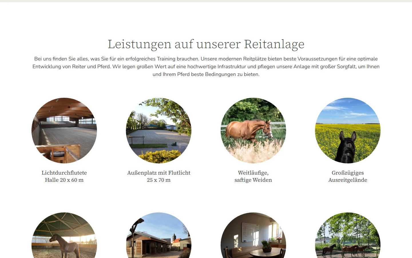 Website von Gut Wietstock Reitanlage – Desktopansicht: Leistungen auf unserer Reitanlage