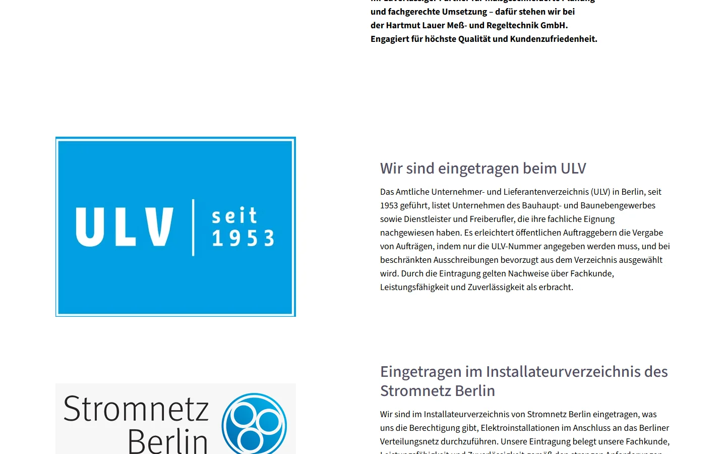 Website von Hartmut Lauer Meß- und Regeltechnik GmbH – Desktopansicht: Wir sind eingetragen beim ULV