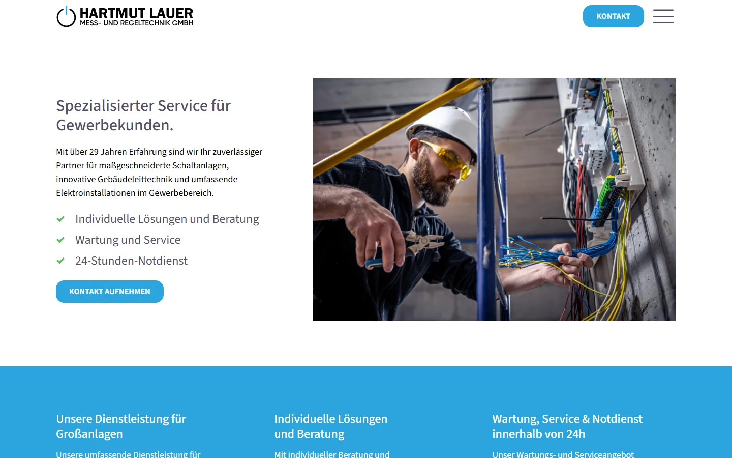 Website von Hartmut Lauer Meß- und Regeltechnik GmbH – Desktopansicht: Spezialisierter Service für Gewerbekunden.