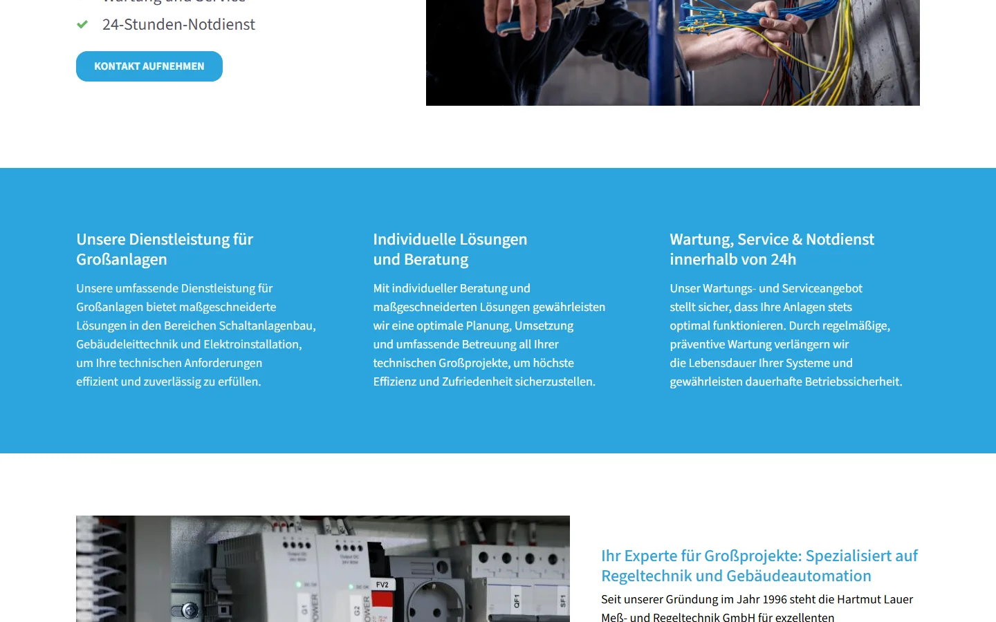 Website von Hartmut Lauer Meß- und Regeltechnik GmbH – Desktopansicht: Unsere Dienstleistung für Großanlagen