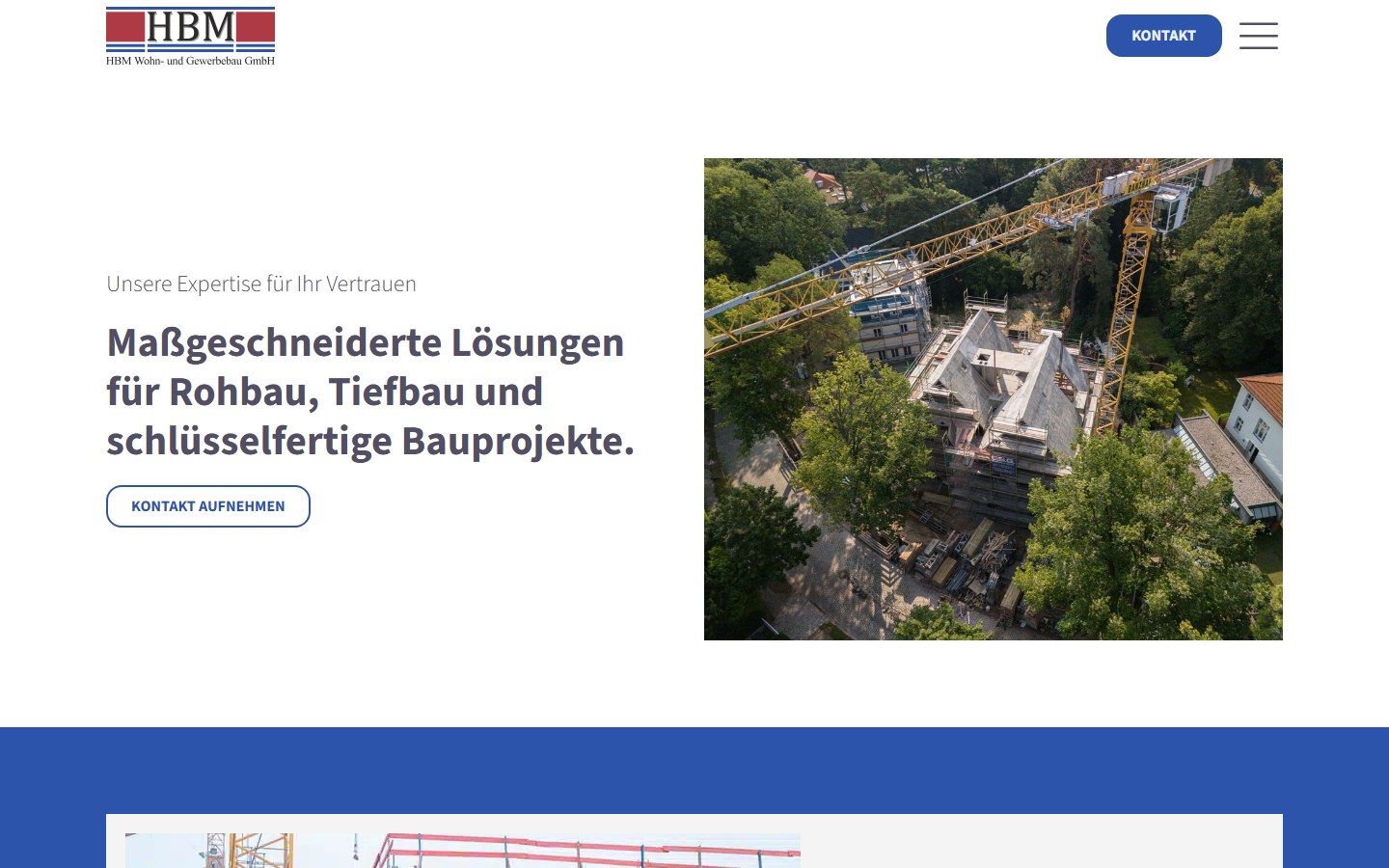Website von HBM Wohn- und Gewerbebau GmbH – Desktopansicht: Leistungen