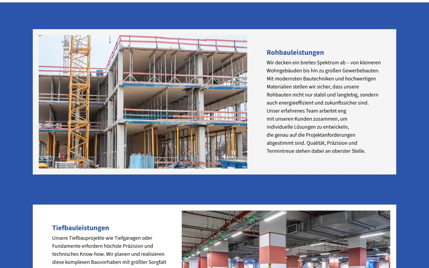 Website von HBM Wohn- und Gewerbebau GmbH – Desktopansicht: Rohbauleistungen