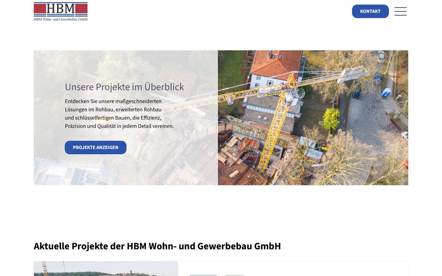 Website von HBM Wohn- und Gewerbebau GmbH – Desktopansicht: Unsere Projekte