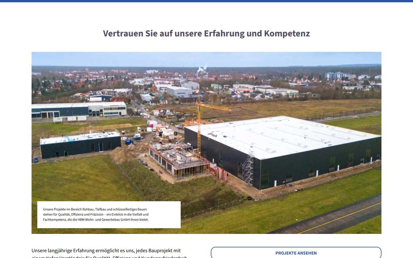 Website von HBM Wohn- und Gewerbebau GmbH – Desktopansicht: Vertrauen Sie auf unsere Erfahrung und Kompetenz