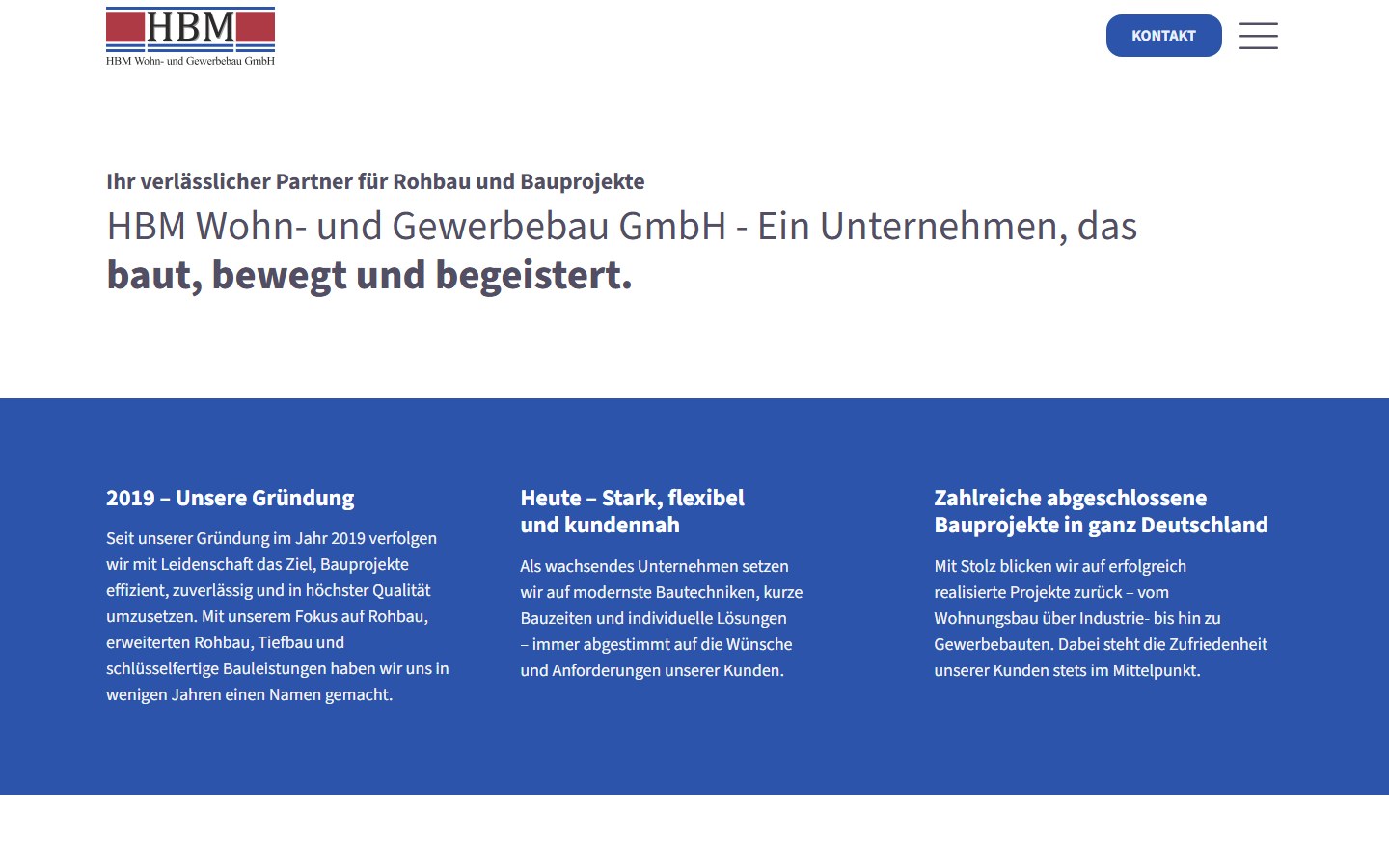 Website von HBM Wohn- und Gewerbebau GmbH – Desktopansicht: Über Uns
