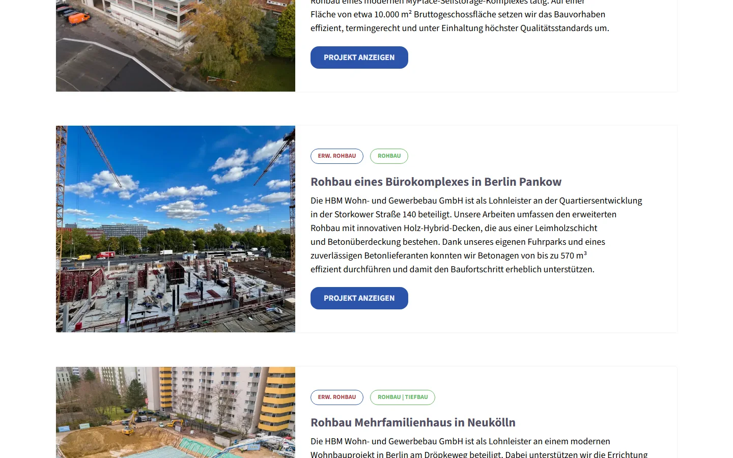 Website von HBM Wohn- und Gewerbebau GmbH – Desktopansicht: Rohbau eines Bürokomplexes in Berlin Pankow