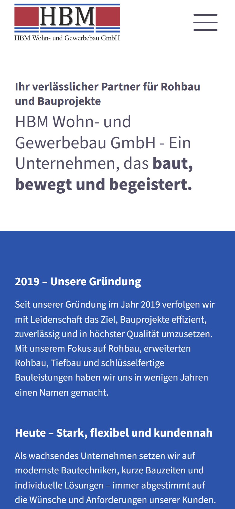 Website von HBM Wohn- und Gewerbebau GmbH – Handyansicht: Über Uns