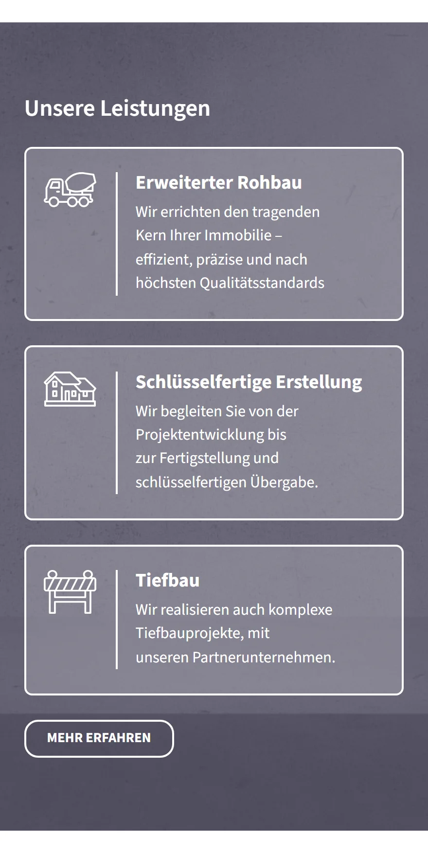 Website von HBM Wohn- und Gewerbebau GmbH – Handyansicht: Unsere Leistungen