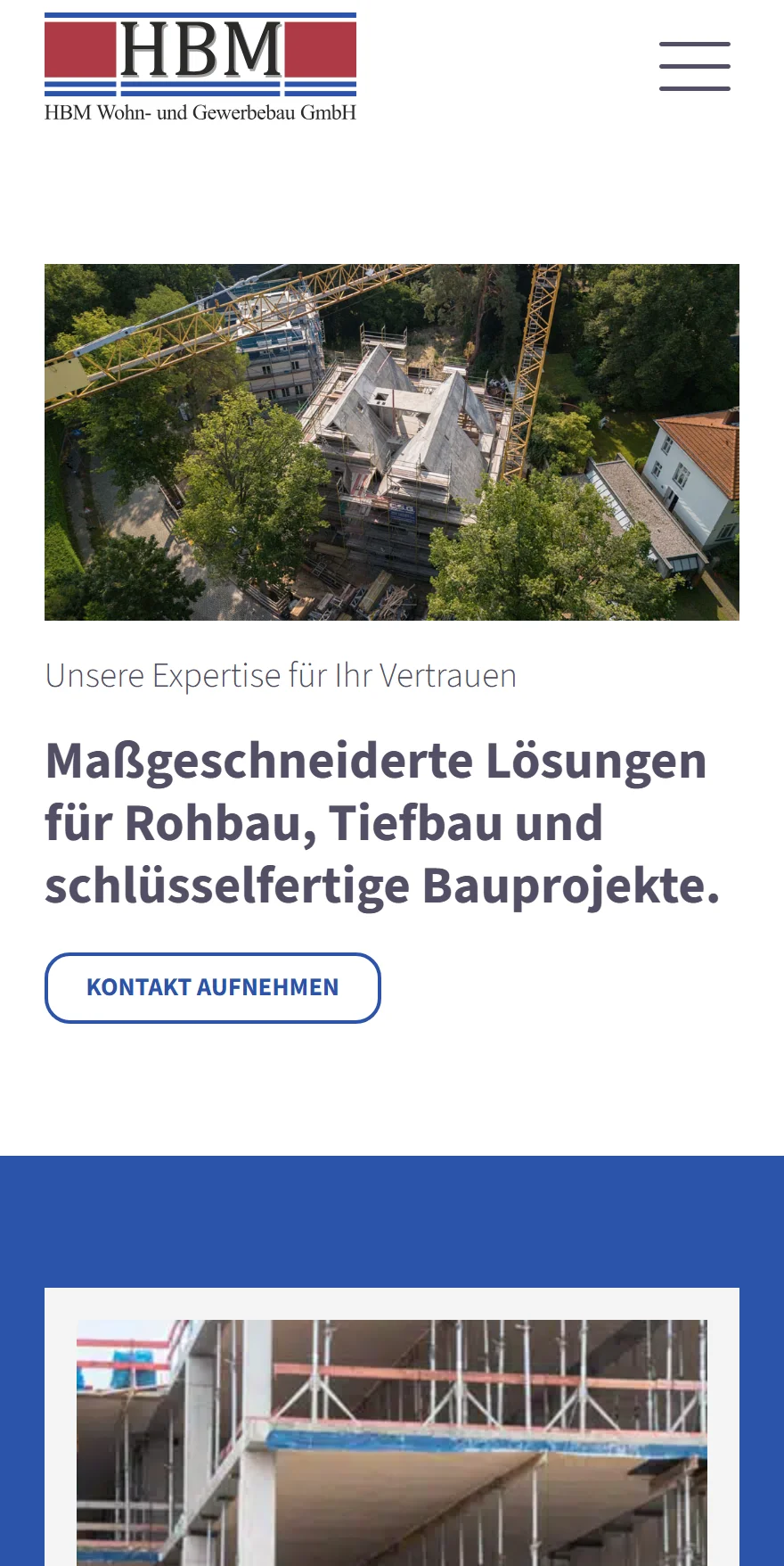Website von HBM Wohn- und Gewerbebau GmbH – Handyansicht: Unsere Expertise für Ihr Vertrauen