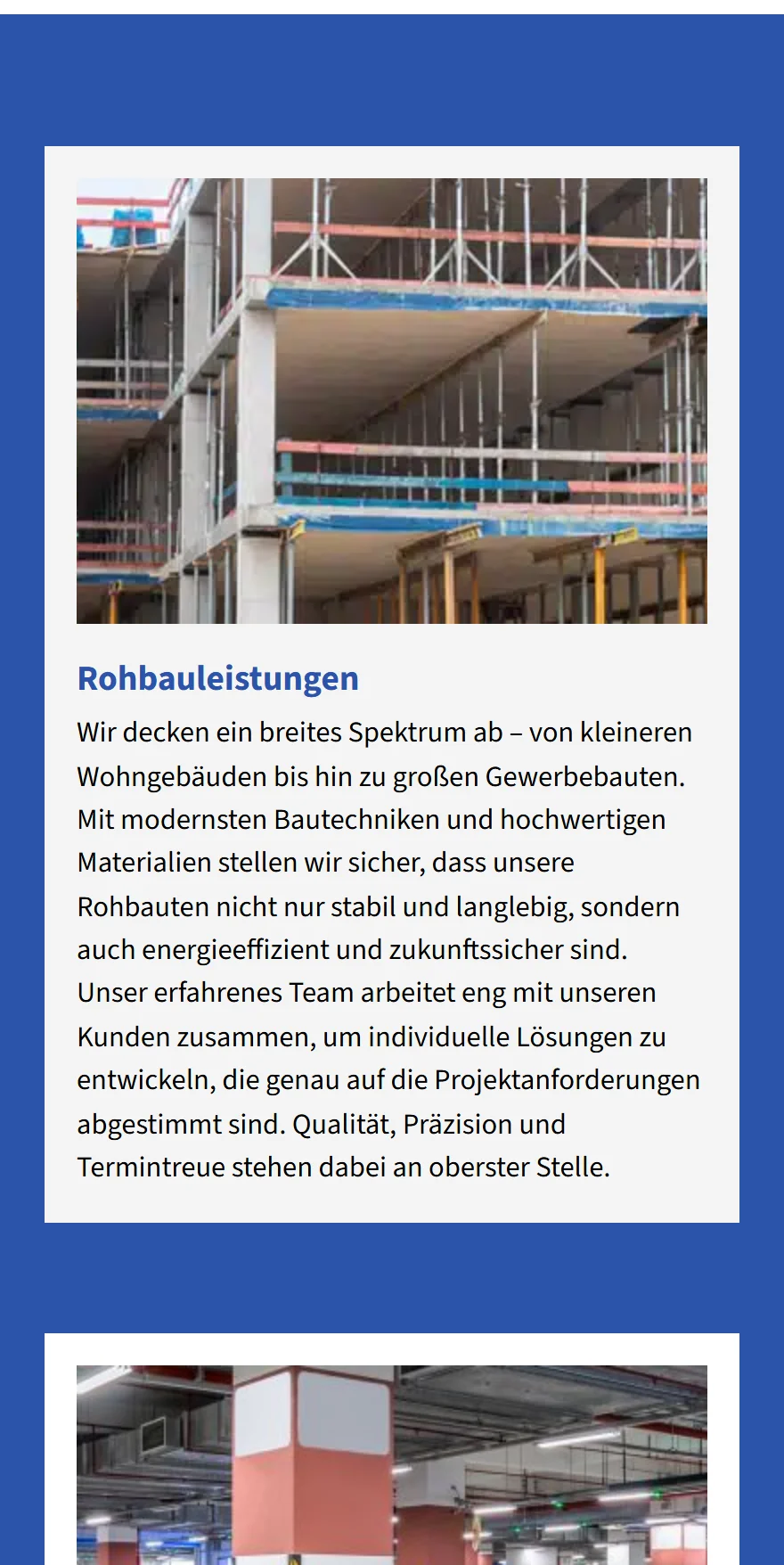 Website von HBM Wohn- und Gewerbebau GmbH – Handyansicht: Rohbauleistungen
