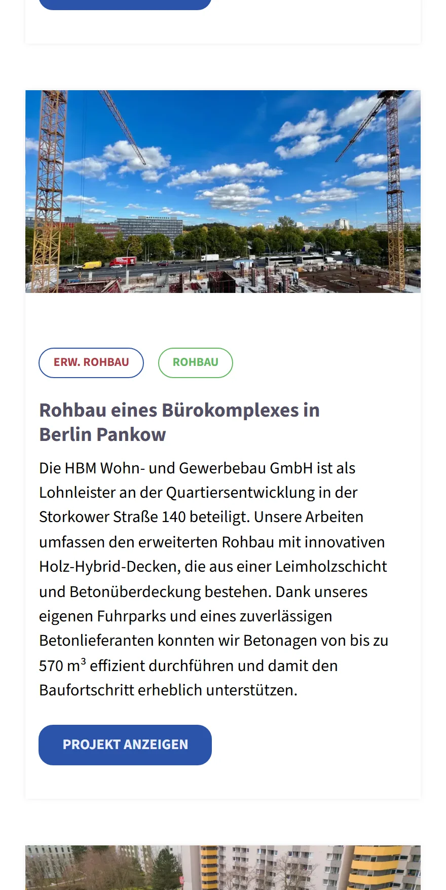 Website von HBM Wohn- und Gewerbebau GmbH – Handyansicht: Rohbau eines Bürokomplexes in Berlin Pankow