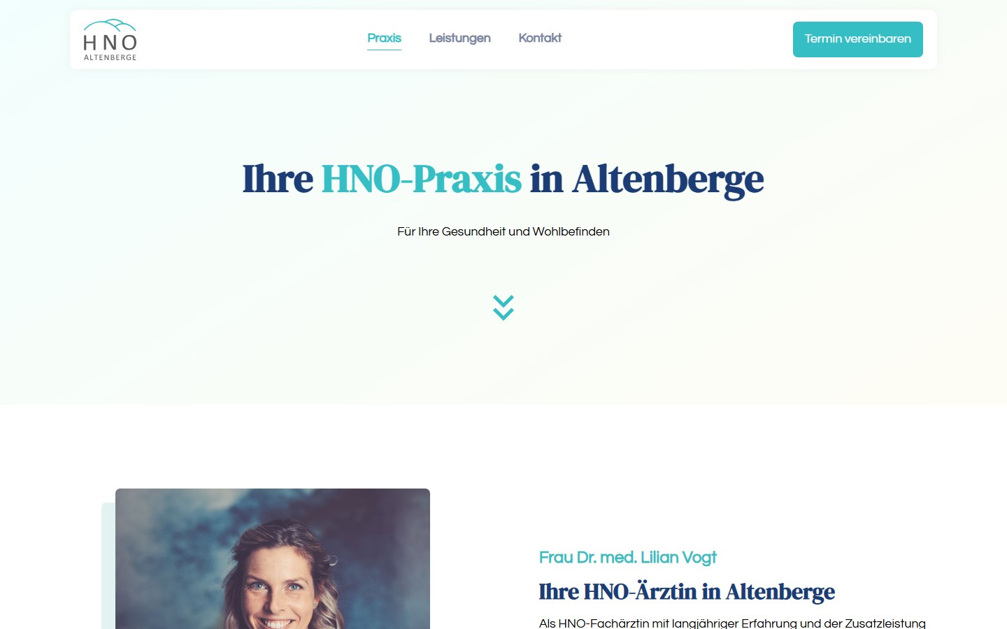 Website von HNO Altenberge – Desktopansicht: Praxis