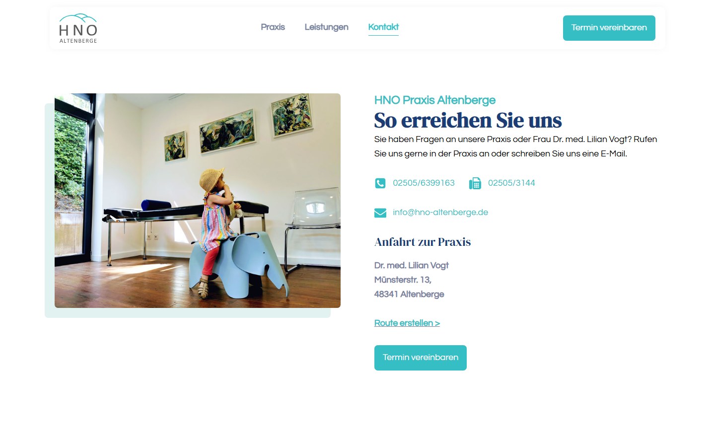 Website von HNO Altenberge – Desktopansicht: Kontakt