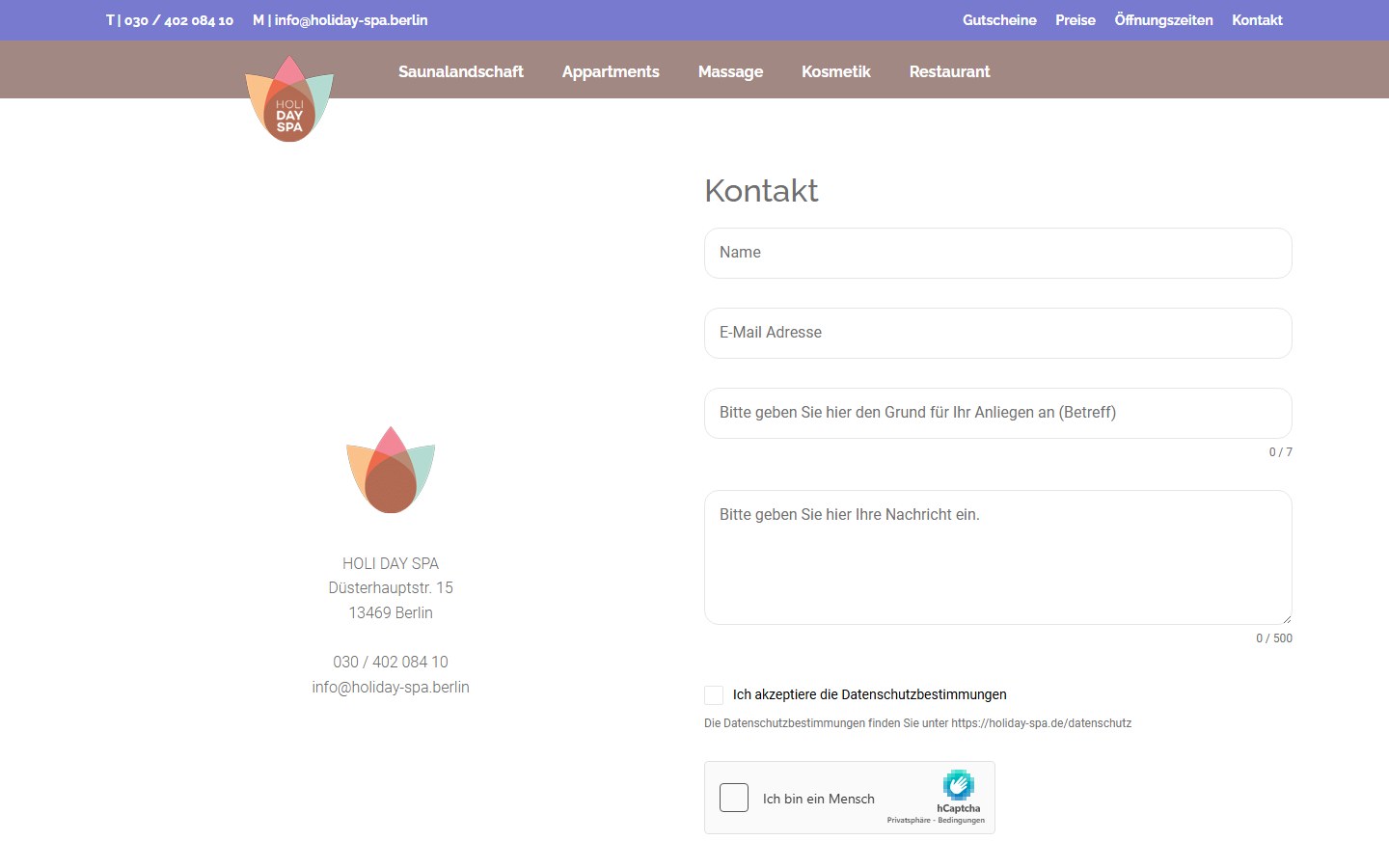 Website von HOLI DAY SPA – Desktopansicht: Kontakt