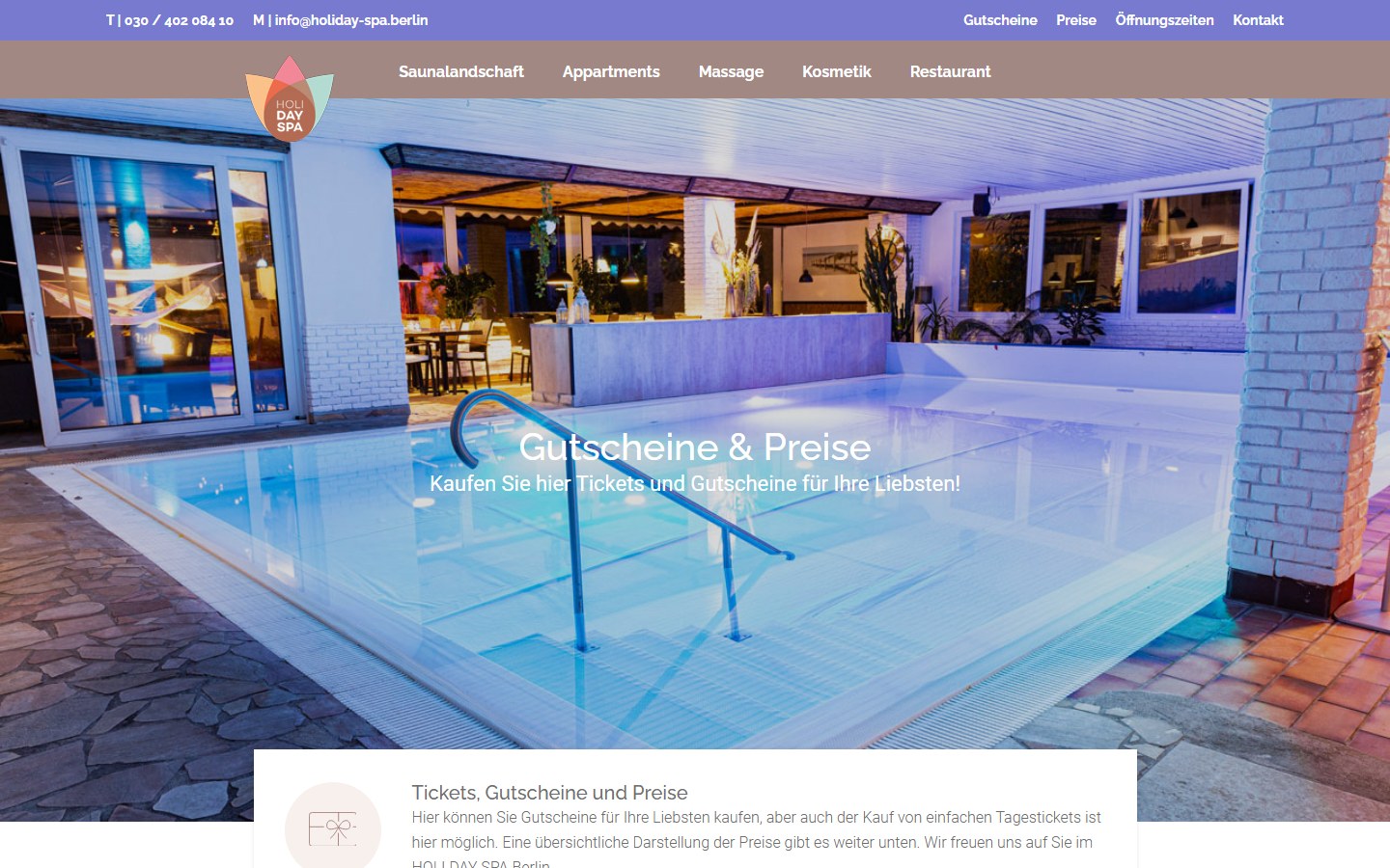 Website von HOLI DAY SPA – Desktopansicht: Gutscheine