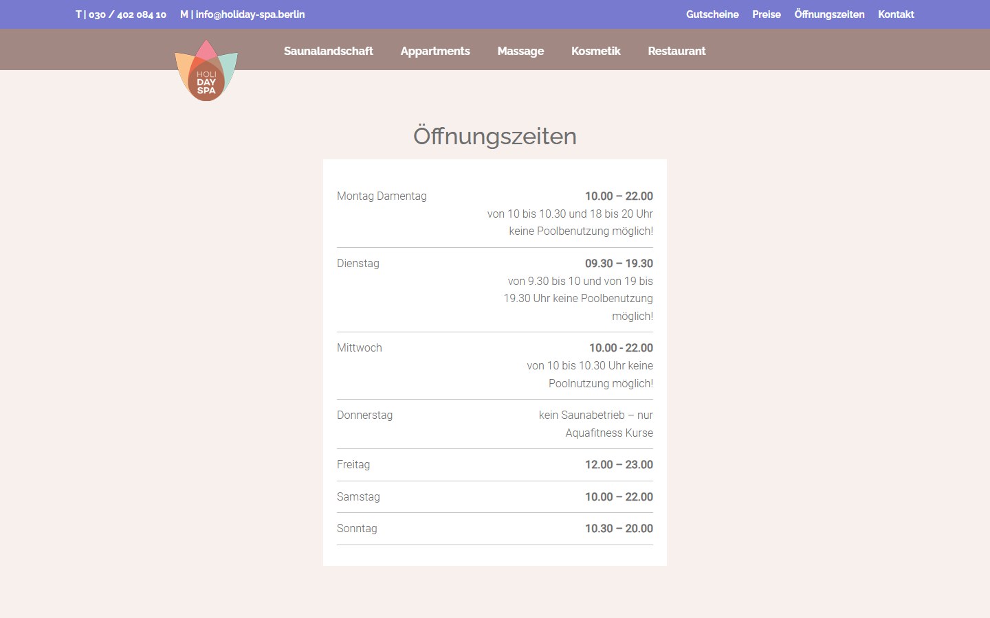 Website von HOLI DAY SPA – Desktopansicht: Öffnungszeiten