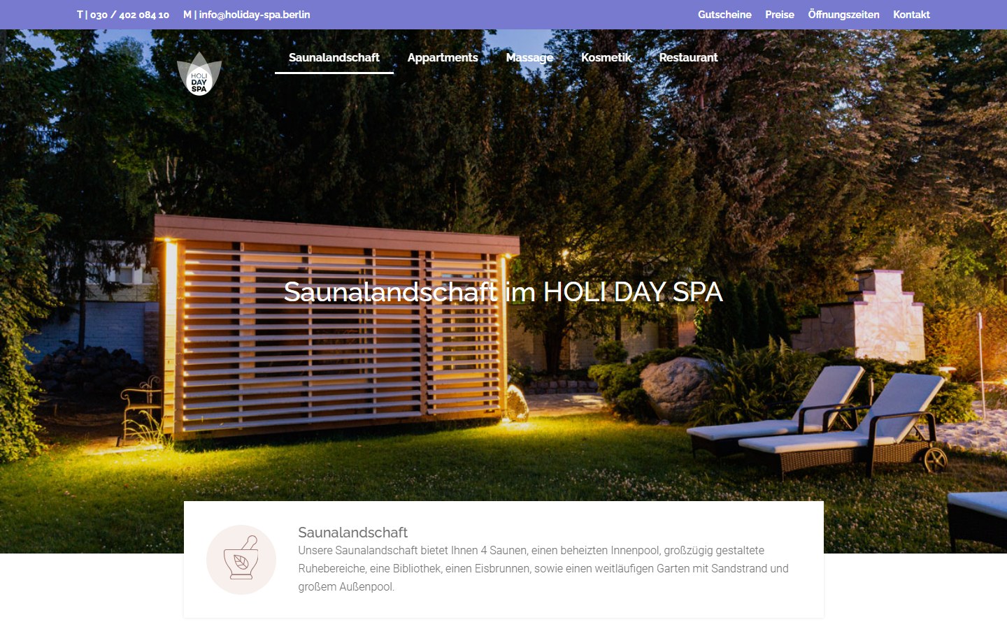 Website von HOLI DAY SPA – Desktopansicht: Saunalandschaft