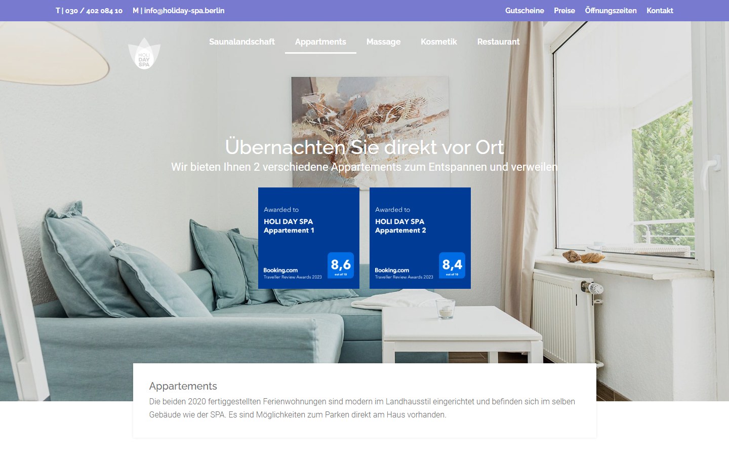 Website von HOLI DAY SPA – Desktopansicht: Appartments