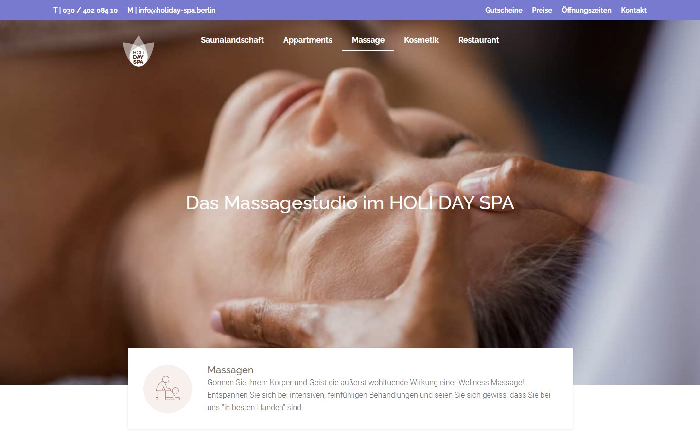 Website von HOLI DAY SPA – Desktopansicht: Massage