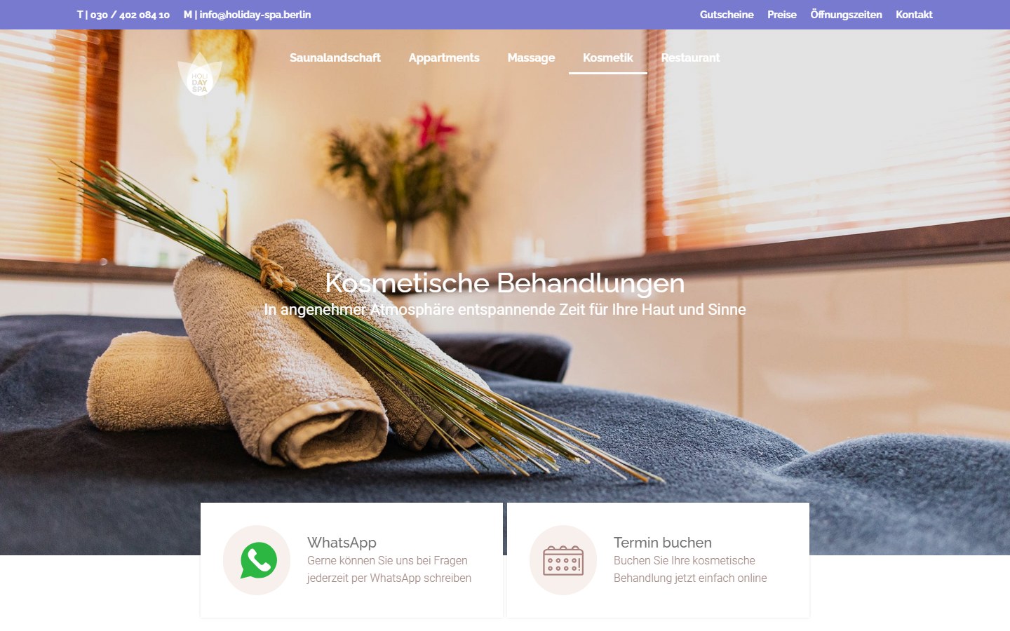 Website von HOLI DAY SPA – Desktopansicht: Kosmetik