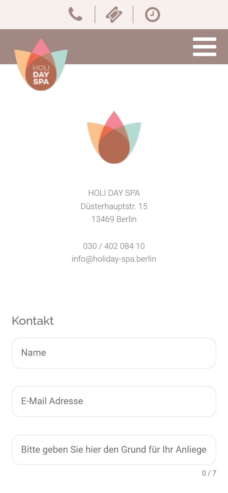 Website von HOLI DAY SPA – Handyansicht: Kontakt