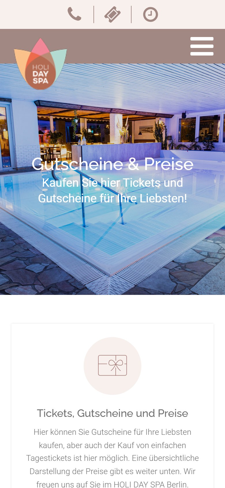 Website von HOLI DAY SPA – Handyansicht: Gutscheine