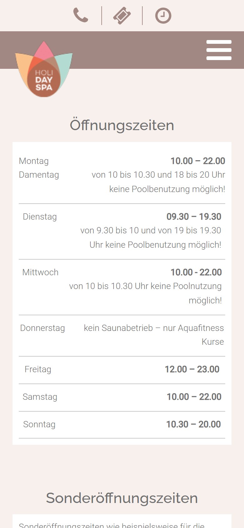 Website von HOLI DAY SPA – Handyansicht: Öffnungszeiten