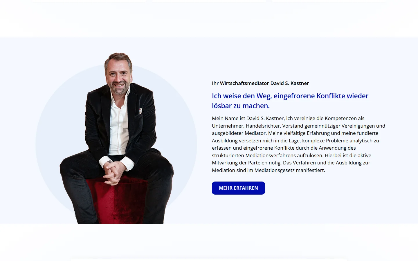 Website von Kastner Mediation – Desktopansicht: Ihr Wirtschaftsmediator David S. Kastner
