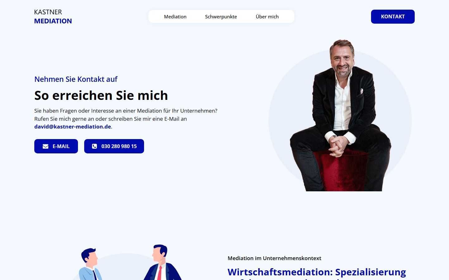 Website von Kastner Mediation – Desktopansicht: Kontakt