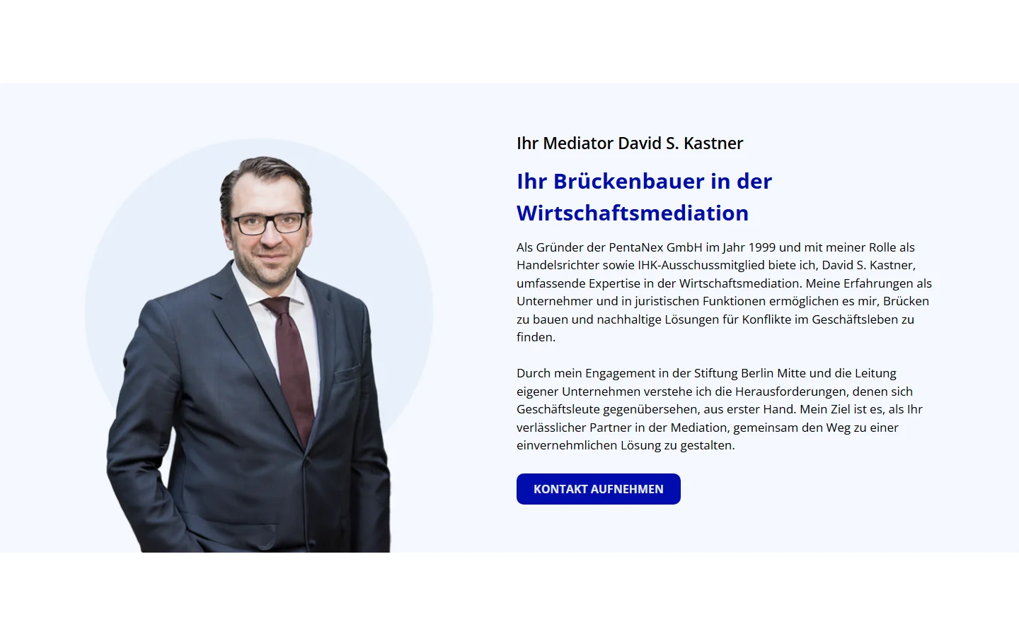 Website von Kastner Mediation – Desktopansicht: Ihr Mediator David S. Kastner
