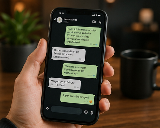 WhatsApp-Anfrage für ein kostenloses Kennenlerngespräch zur Erstellung einer Unternehmenswebsite.